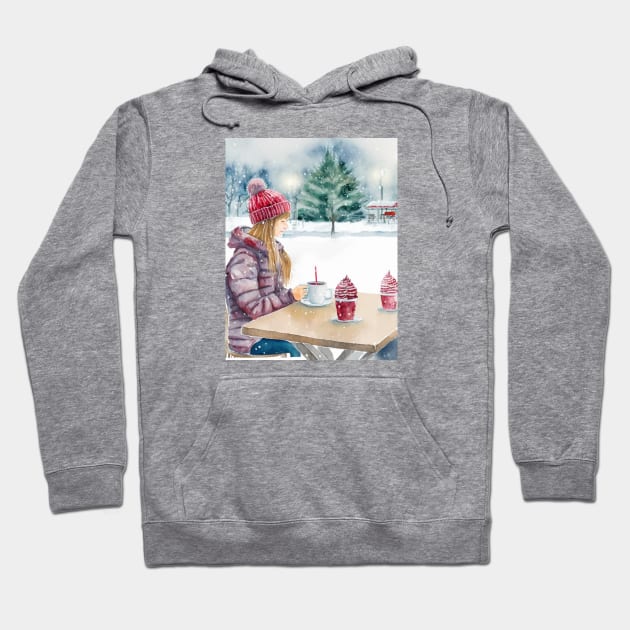 Woman Drinking Coffee in an open-air Cafe, Snowing Christmas Outdoors Hoodie by fistikci